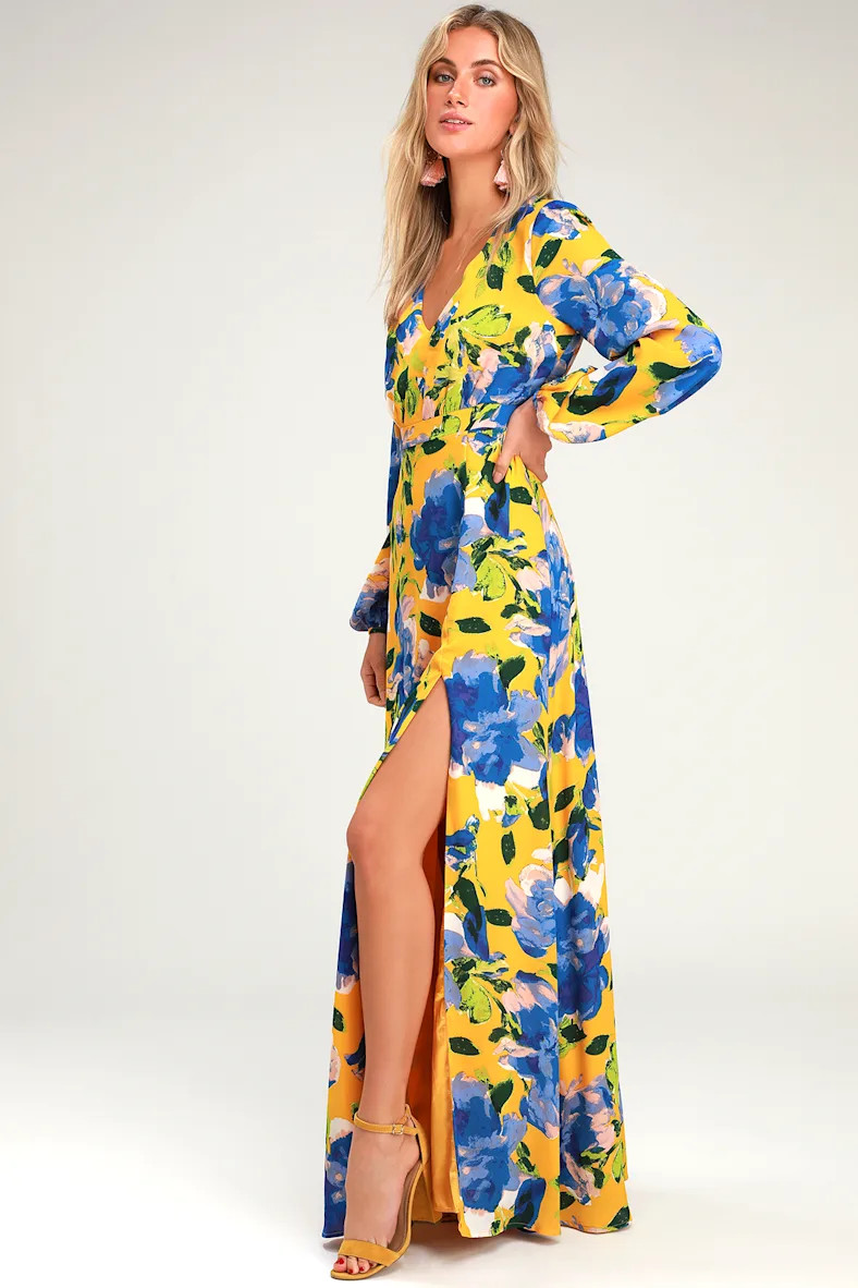 Carolita Yellow Floral Print Long Sleeve Maxi Dress | Lulus (US)