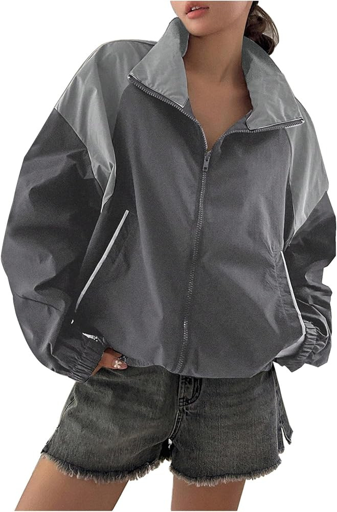 Women's Y2k Jacket Zip Up Waterproof Windbreaker Loose Drop Oversized Varsity Lightweight Jacket | Amazon (US)