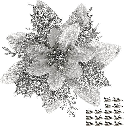 16 PCS Poinsettia Flower Artificial Poinsettia Christmas Decorations Glitter Poinsettias Christma... | Amazon (US)