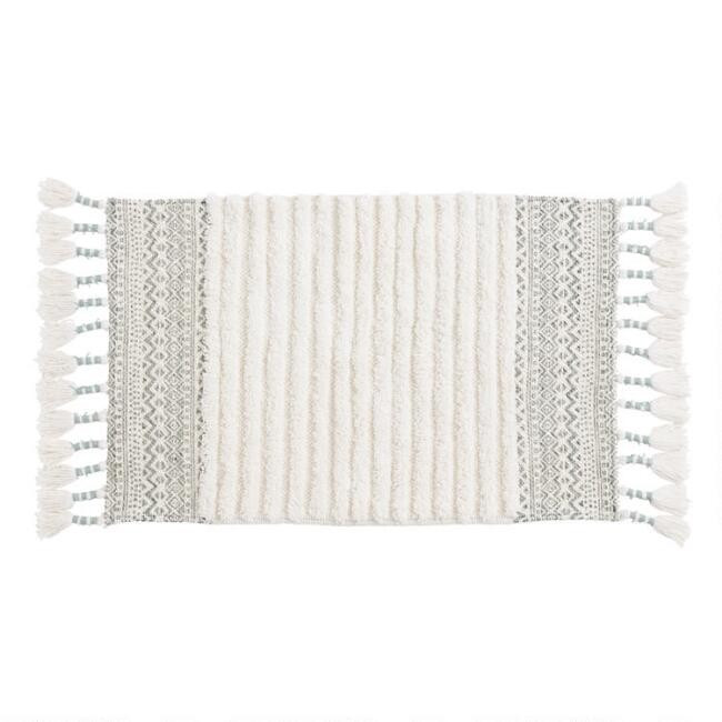 Jadeite and Ivory Geometric Tufted Stripe Bath Mat | World Market