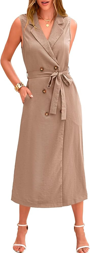 BTFBM Casual Business Dress 2024 Summer Work Office Lapel V Neck Slit Belted Sleeveless Button Do... | Amazon (US)