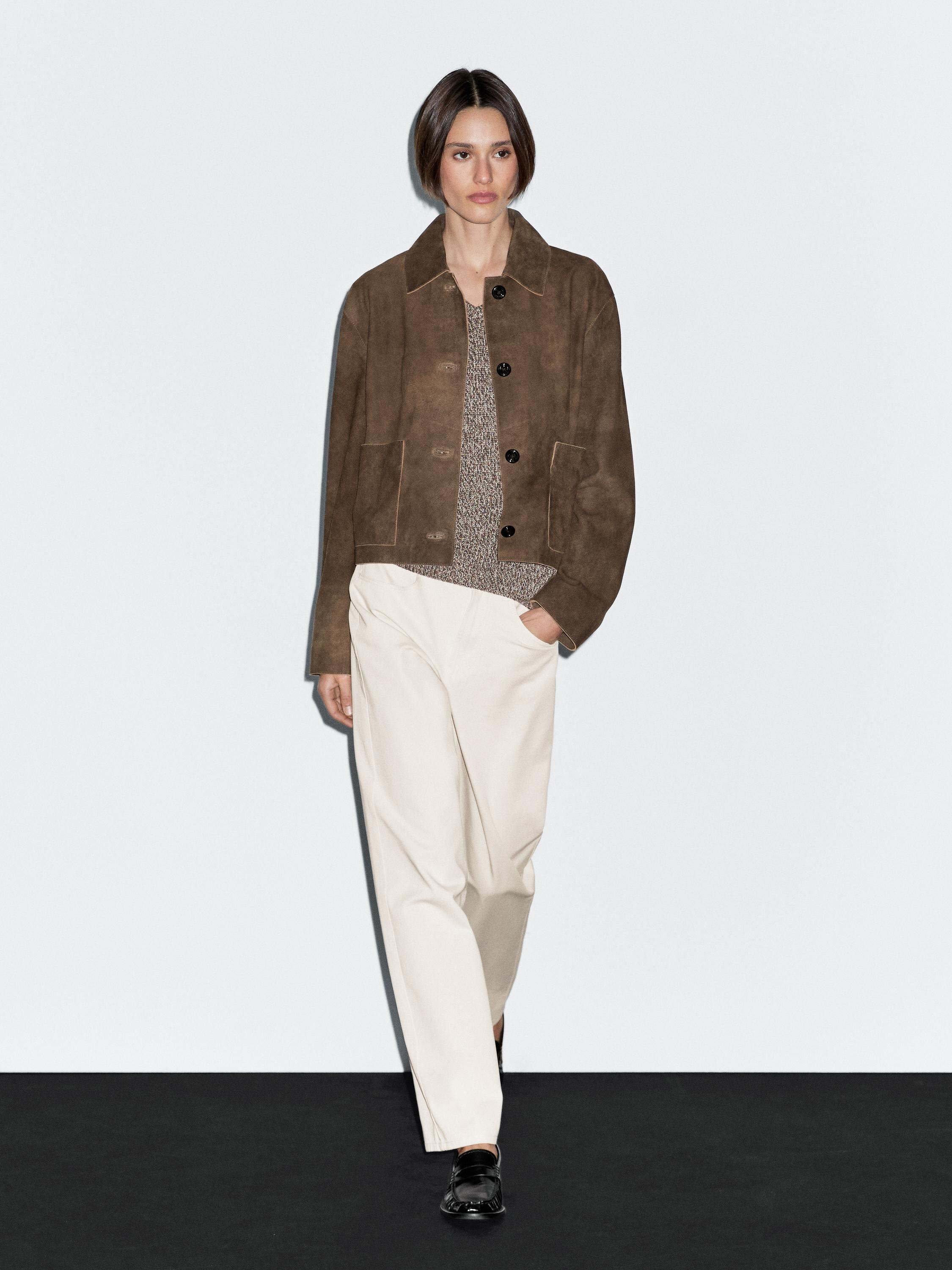 Short suede leather jacket with pocket details | Massimo Dutti UK