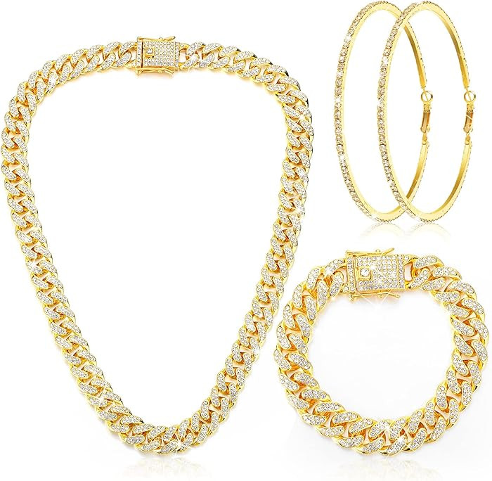 Batiyeer 3 Pcs Cuban Link Chain Necklace Bracelet Rhinestone Hoop Earrings Bling Crystal Hip Hop ... | Amazon (US)