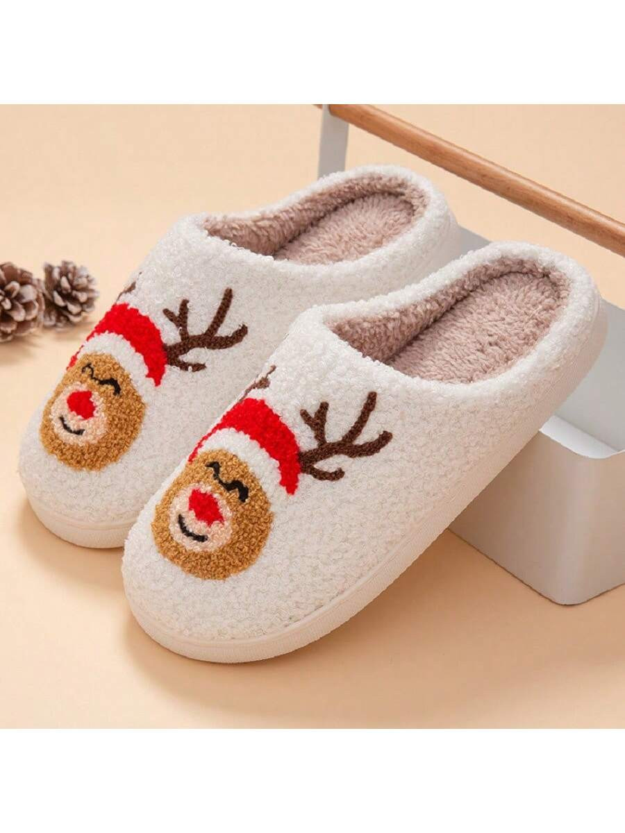 2023 Women's Christmas-themed Slippers, 1 Pair Cute Antlers Deer Shaped Slippers | SHEIN