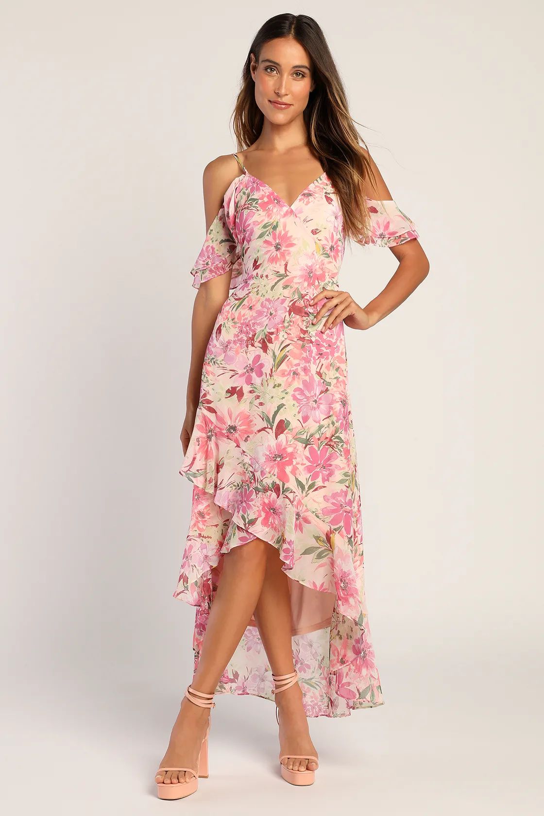 Watch Me Grow Pink Floral Print Cold-Shoulder High-Low Dress | Lulus (US)