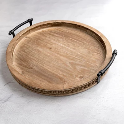 Round Beaded Wood Decorative Tray, Brown, 16L x 15W 2.54H , Metal/Wood | Kirkland's Home | Kirklands
