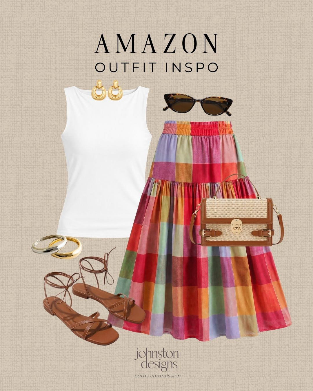Amazon outfit inspo with a colorful skirt, simple white tank and easy summer accessories. 🌼

Amazon style, outfit inspo, summer outfit, colorful skirt, white tank, midi skirt, lace up sandals, woven bag, gold earrings, bangle bracelets, sunglasses, vacation look, casual style, warm weather fashion 

 #LTKootd #LTKSeasonal