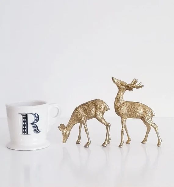 Mid Century Modern Vintage Brass Deer, Set of TWO, 6 1/2" tall, Brass Spotted Deer, Brass Reindee... | Etsy (US)