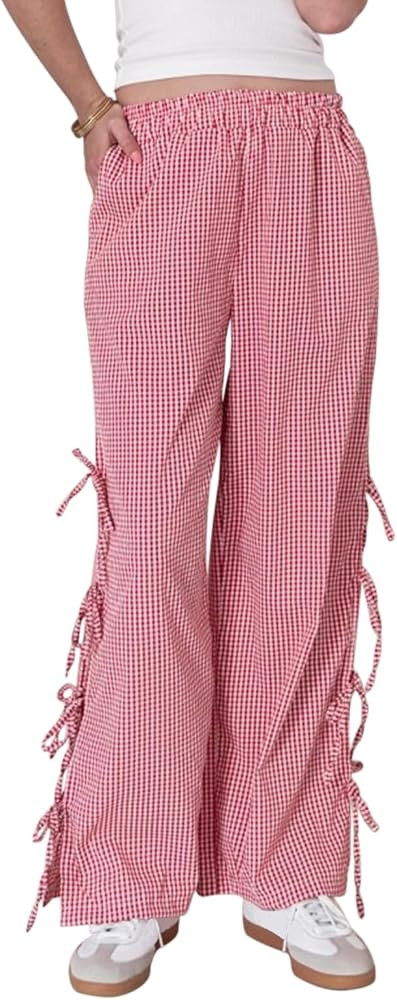 Women Y2k Striped Pants Bow Tie Side Slit Wide Leg Lounge Pants Loose Fit Plaid Gingham Going Out... | Amazon (US)