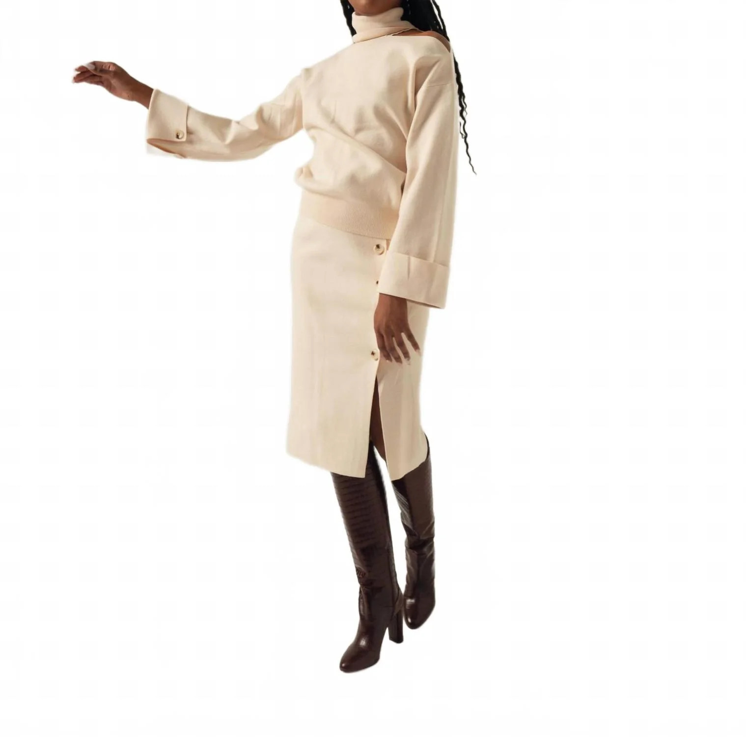 Buttoned Knit Midi Skirt In Beige | Shop Simon