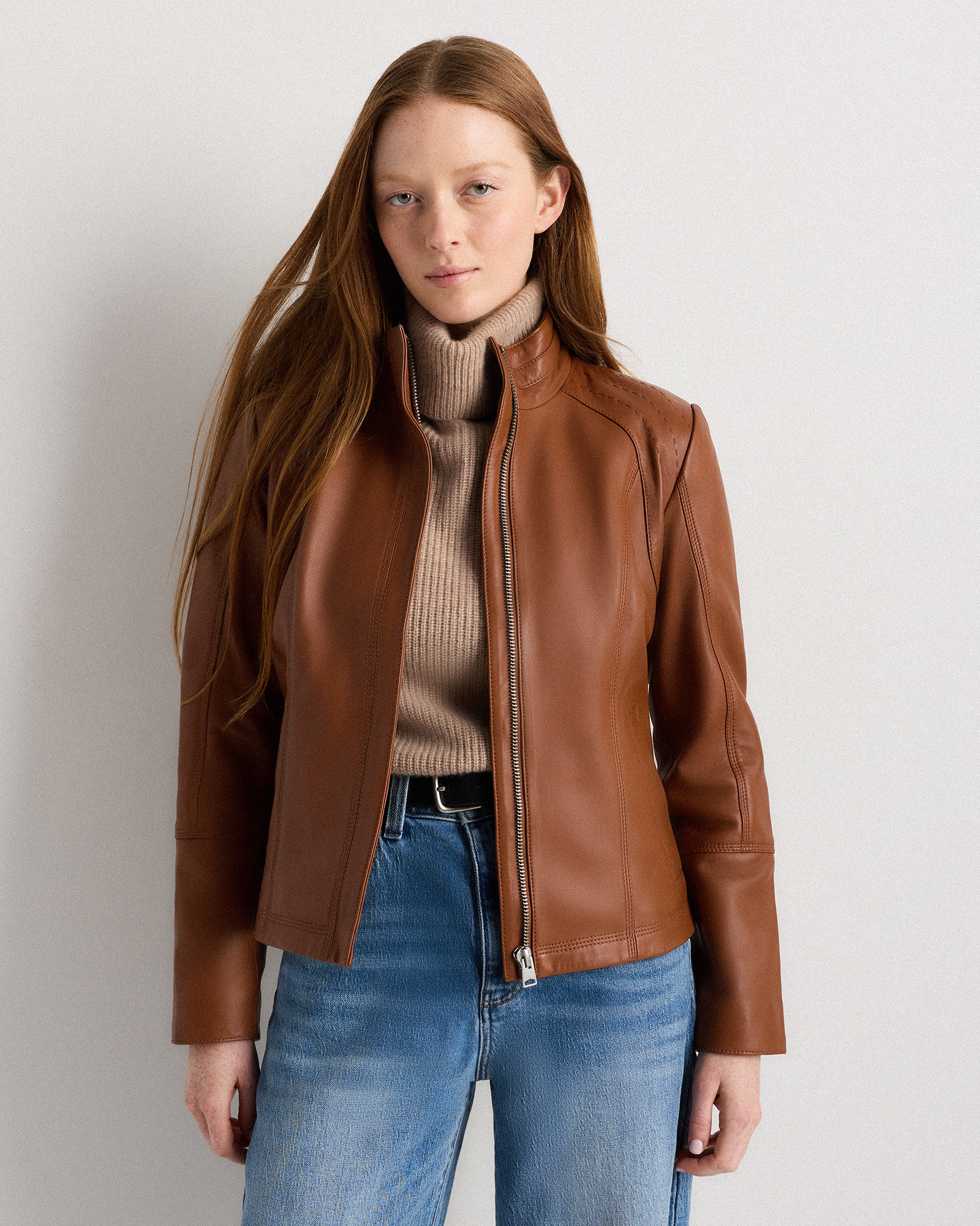 Quince | Women's Stand-Collar Jacket in Dark Cognac Brown, Size Small, Leather | Quince