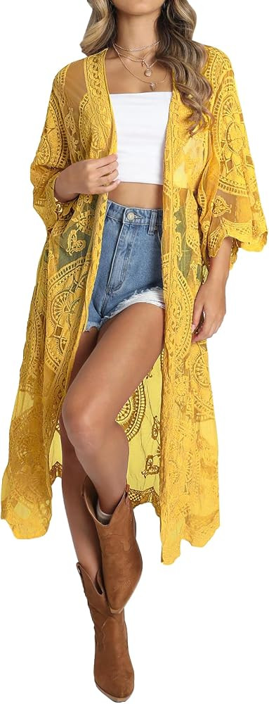 Bsubseach Women Mesh Cardigan Bikini Beach Kimono Open Front Swimsuit Cover Ups Swimwear | Amazon (US)