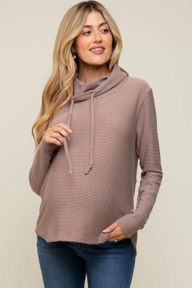 Taupe Ribbed Long Sleeve Hooded Maternity Top | PinkBlush Maternity