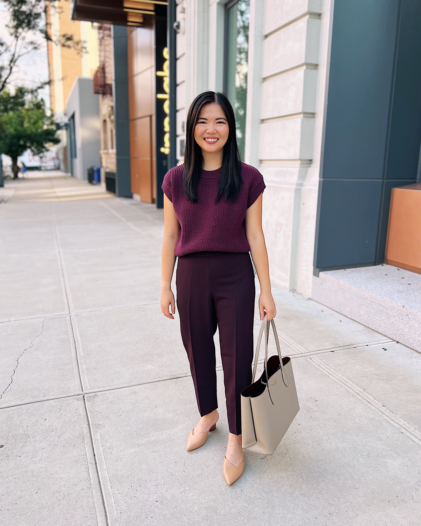 Maroon sweater (XS)
Maroon short sleeve sweater
Burgundy pants (4P)
Taupe tote bag
Kate Spade tote bag
Brown mule pumps (TTS)
Monochromatic outfit
Business casual outfit 
Smart casual outfit 
Teacher outfit 
Neutral work outfit 
Ann Taylor outfit 

#LTKunder100 #LTKworkwear #LTKstyletip