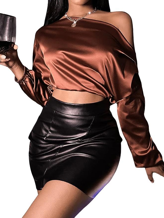 SheIn Women's Sexy Satin One Shoulder Long Sleeve Crop Blouse Shirt Top | Amazon (US)