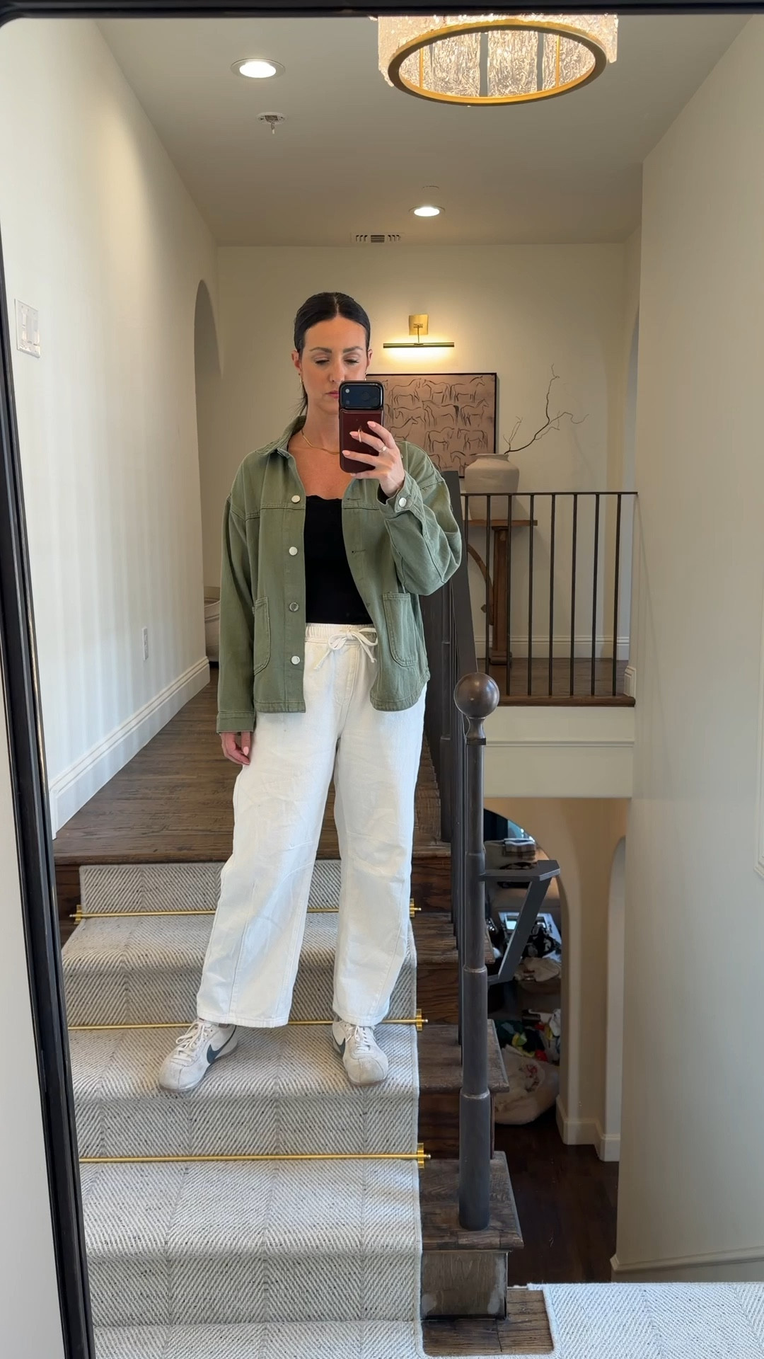 Layered spring look! Wideleg white pants with cute scalloped tank and army green jean jacket. 

#LTKSeasonal #LTKOver40 #LTKootd