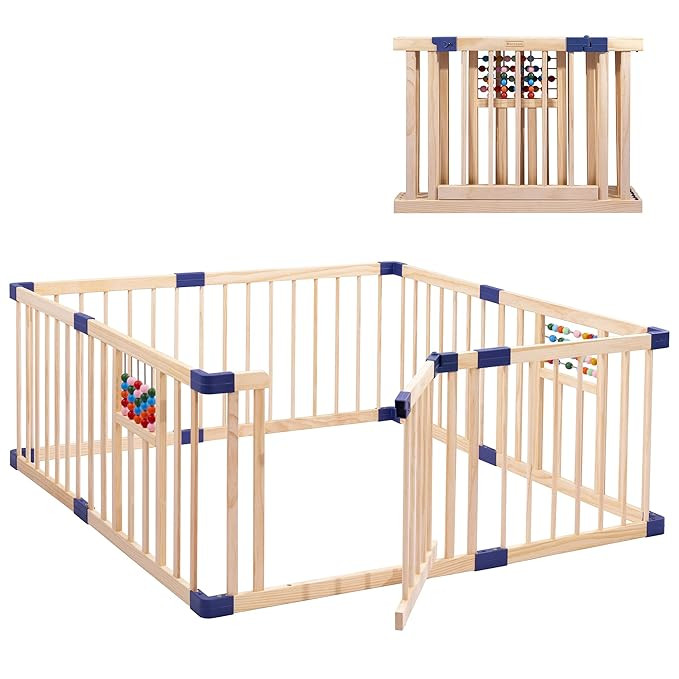 Baby Playpen, 55 x 55 Inches Solid Wood Playpen with Colorful Wooden Beads, Baby Fence Play Area ... | Amazon (US)