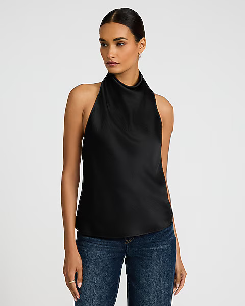 Satin Halter Cowl Neck Tank | Express