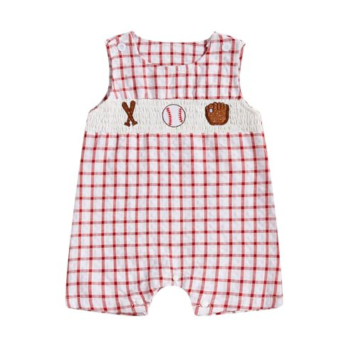 Chloefairy Newborn Baby Boy Girl Baseball Outfit Sleeveless Overalls Romper Smocked Baseball Bubble Onesie Summer Plaid Bodysuit (Red, 6-12 Months) | Amazon (US)