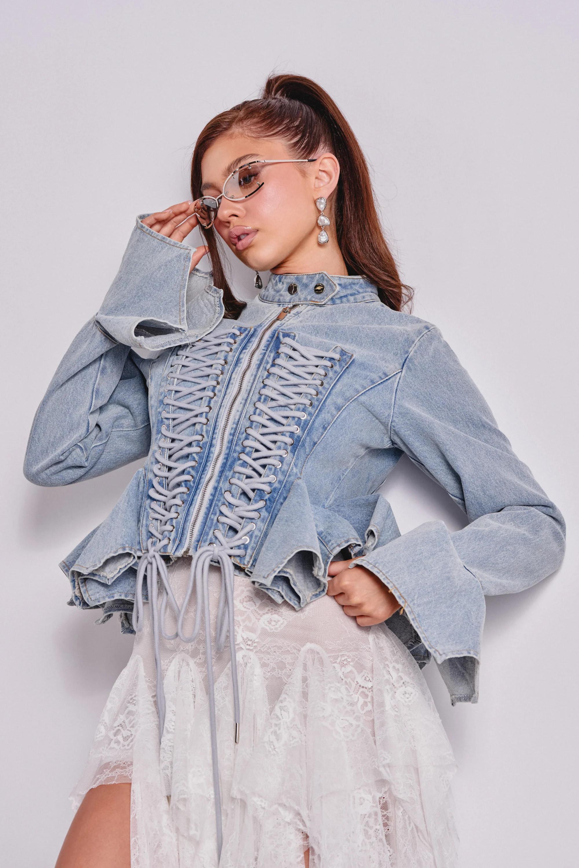 DOUBLE DARE YOU PEPLUM DENIM JACKET | AKIRA