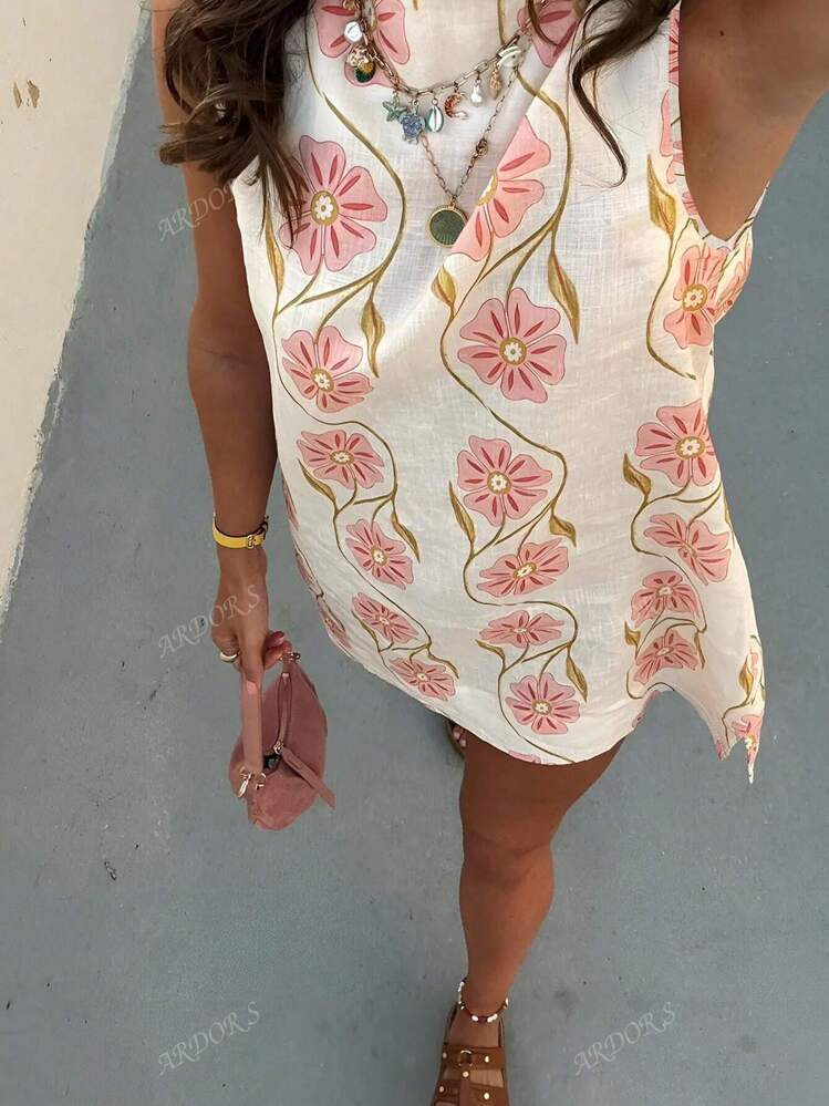 Comfortable Holiday Casual Women's Summer Floral Printed Pop-Up Pattern Round Neck Sleeveless Straight Dresses | SHEIN