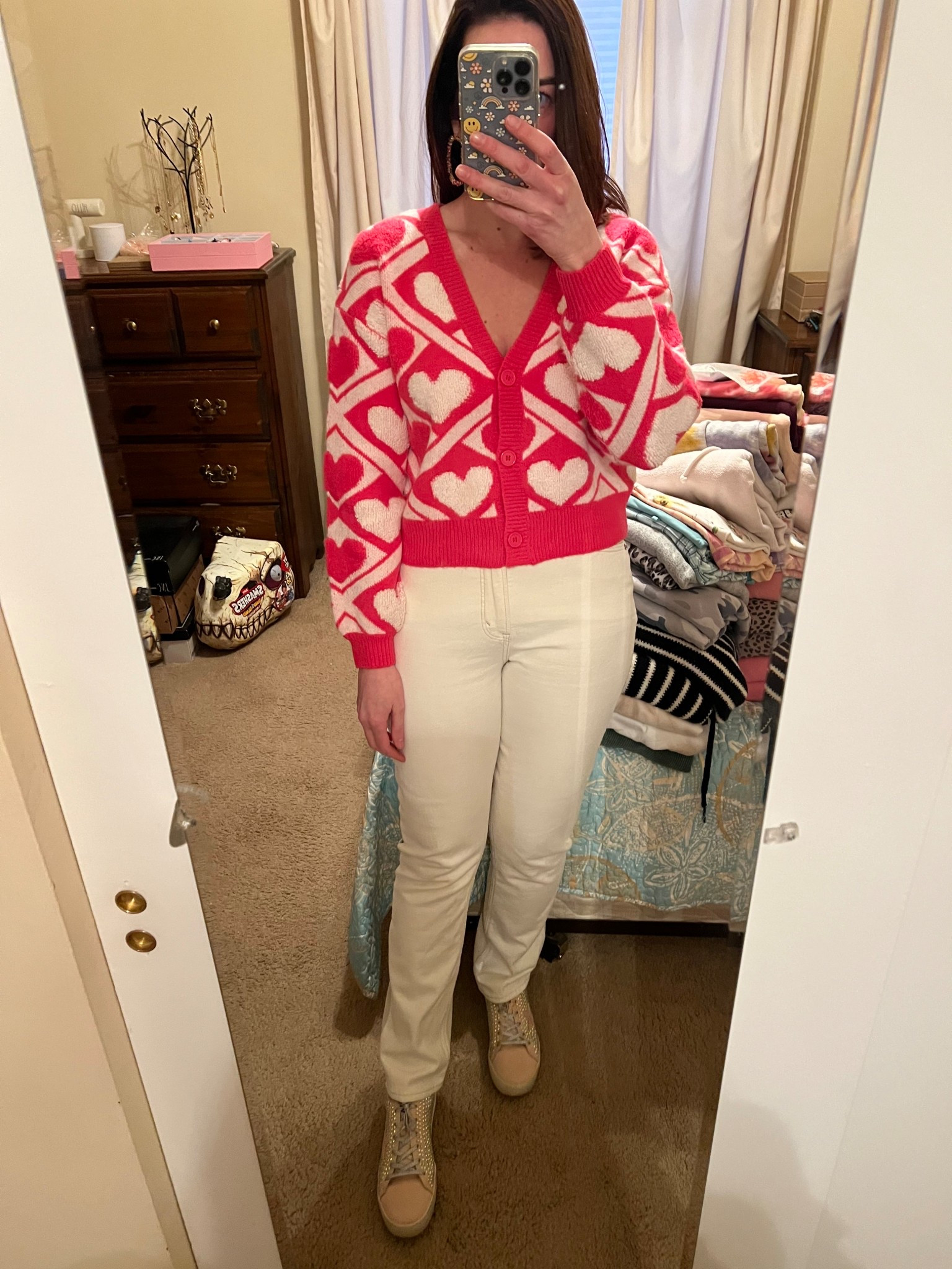 Pink and white heart cardigan (xs). White jeans (27). Pink suede sneakers (8.5). #cardigan #sweater #heartcardigan #pinkcardigan #jeans #whitejeans #sneakers #pinksneakers #suedesneakers 
valentines day outfit women 
date night outfits 
valentines outfit women 
valentines day night outfit 
winter denim 

#LTKSeasonal #LTKootd