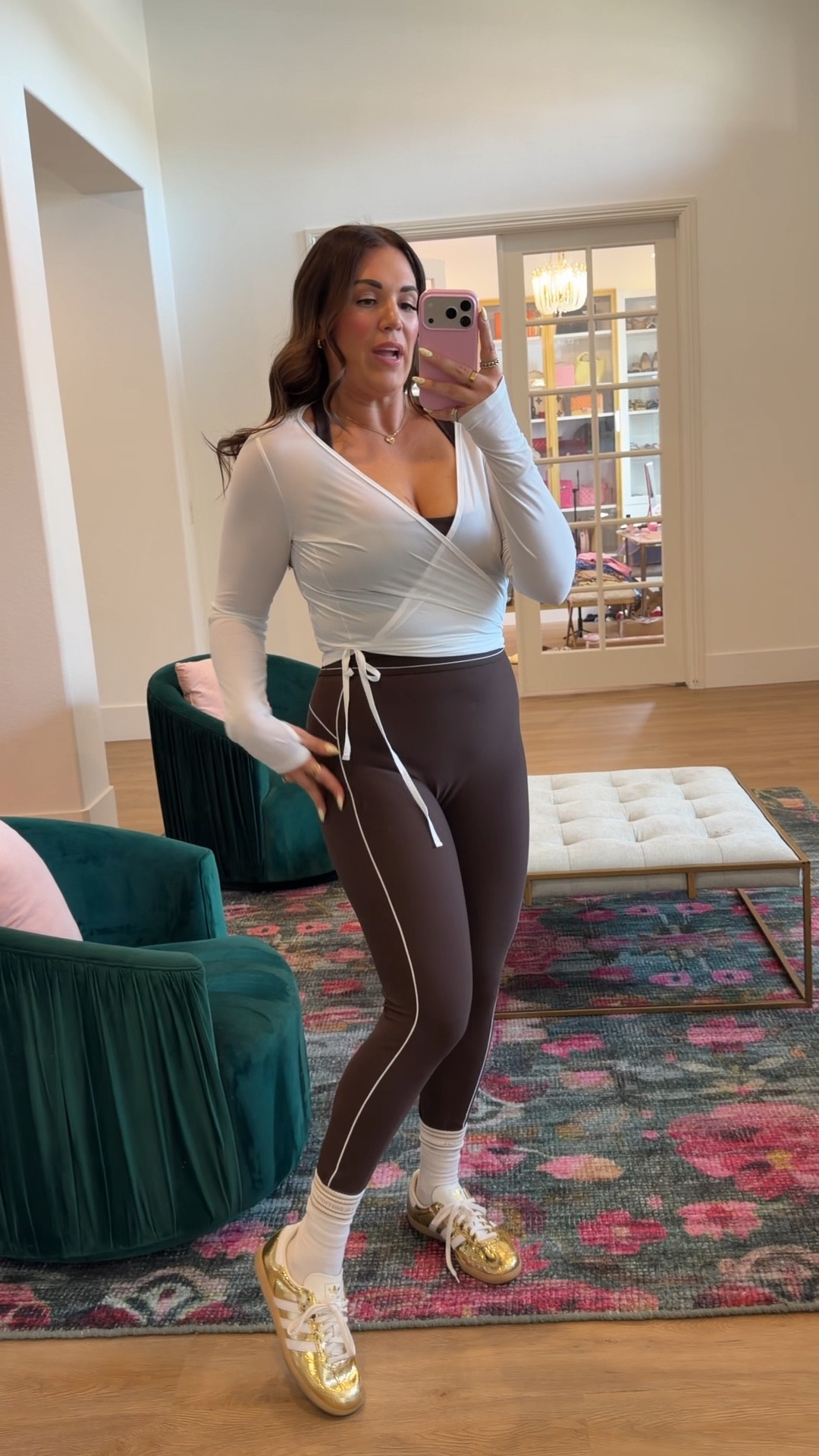 curvy midsize workout fitness look! wearing size large in white wrap top, brown tank, and brown leggings 

#LTKfitnessgoals #LTKActive #LTKMidsize