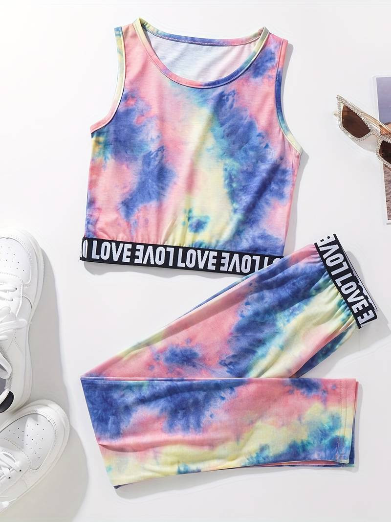 Girls Sports Suit Casual Tie-dyed Print Sleeveless Tank Top & High Waist Workout Pants Set, Kids ... | Temu Affiliate Program