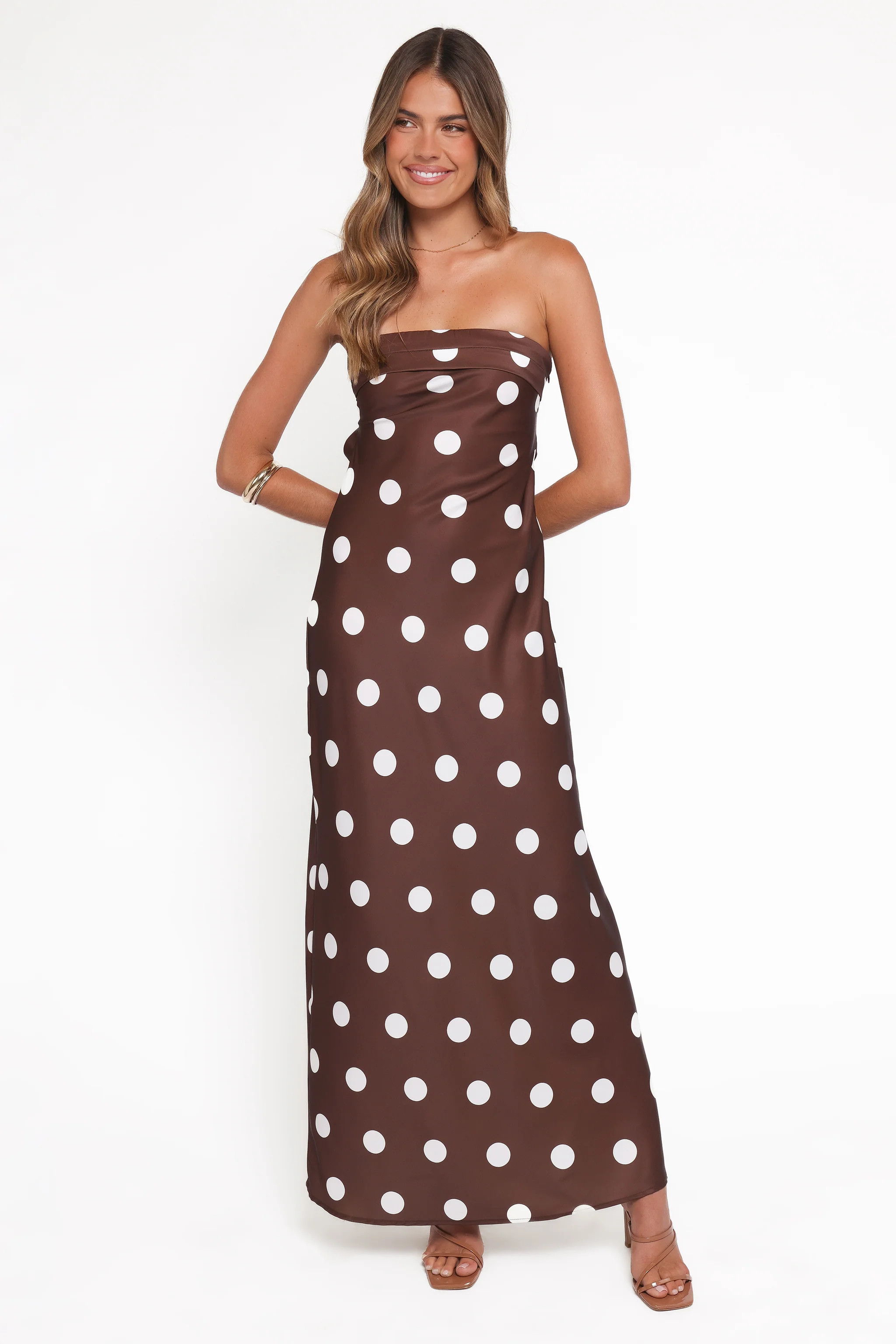 Remmie Strapless Maxi Dress - Brown Polka Dot | Petal & Pup (US)