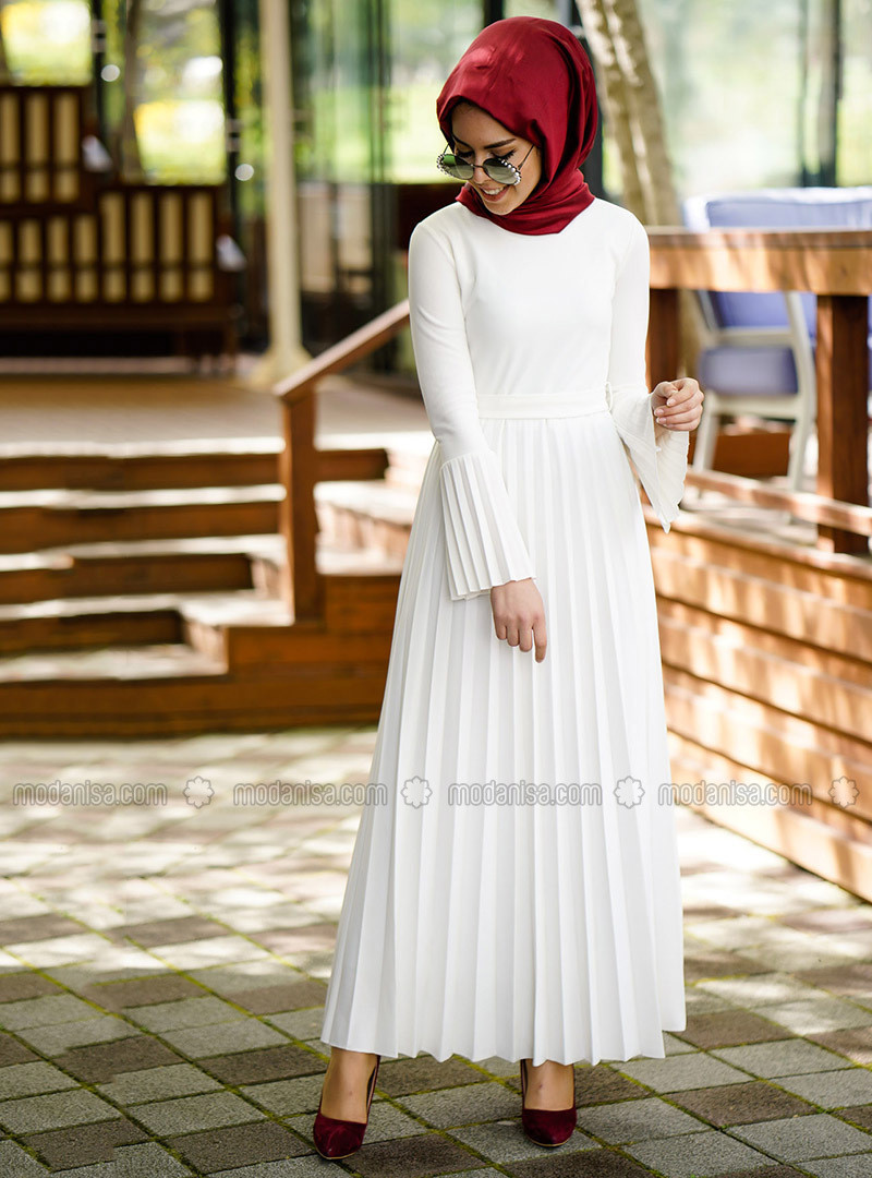 Blanc - Col rond - Robe - İnşirah | Modanisa FR