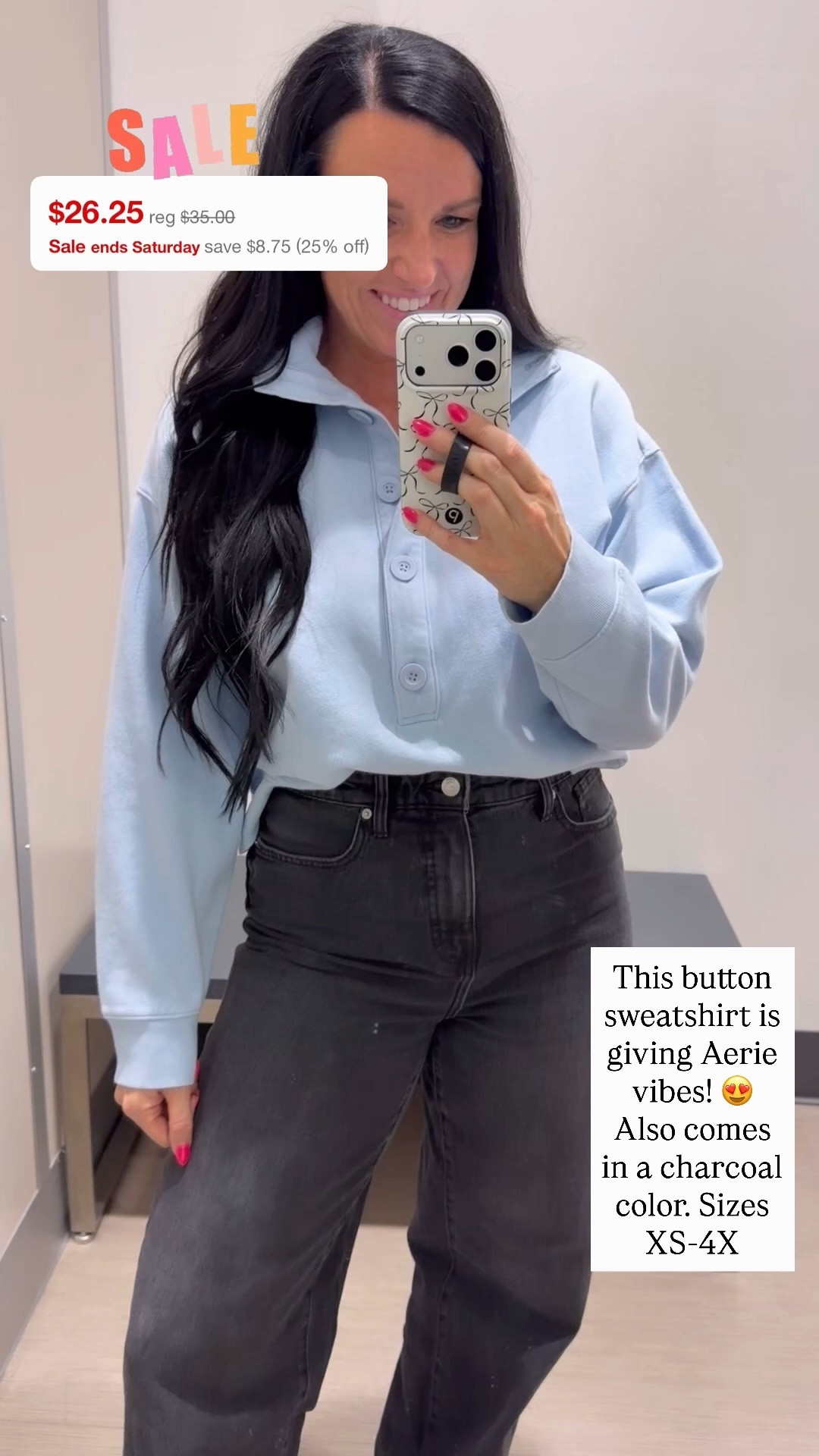 Target button front pullover sweatshirt is SO CUTE! Reminds me of Aerie😍 Fits TTS, I’m in a S. Also comes in charcoal gray. Cute with jeans, athleisure or shorts! On sale thru Saturday!!  

#LTKSaleAlert #LTKOver40 #LTKSeasonal