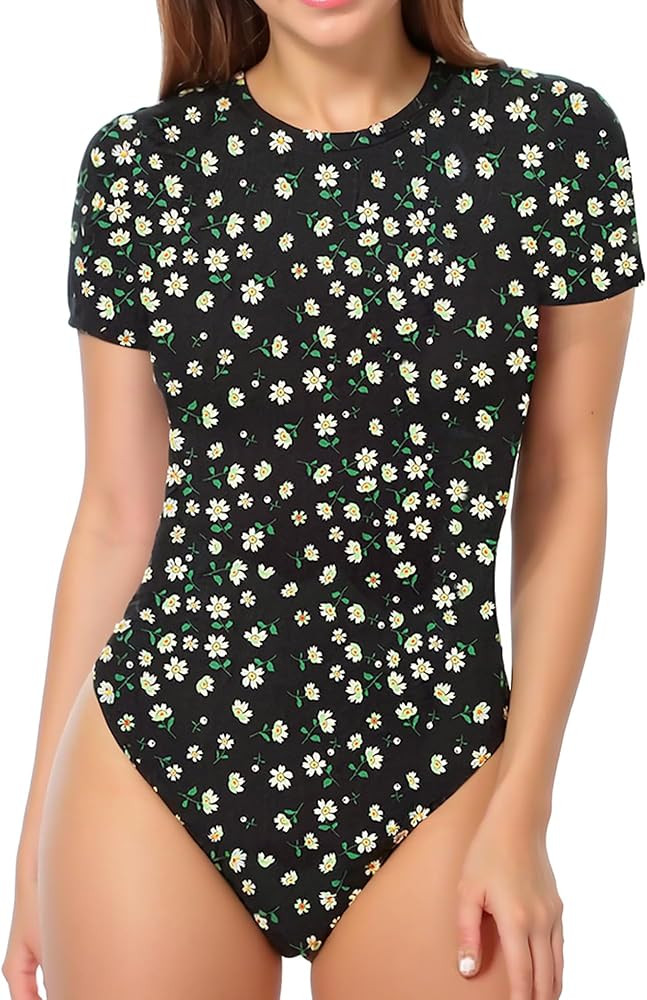 MANGOPOP Women's Round Neck Short Sleeve Bodysuit T Shirts Basic Body Suit Tops | Amazon (US)