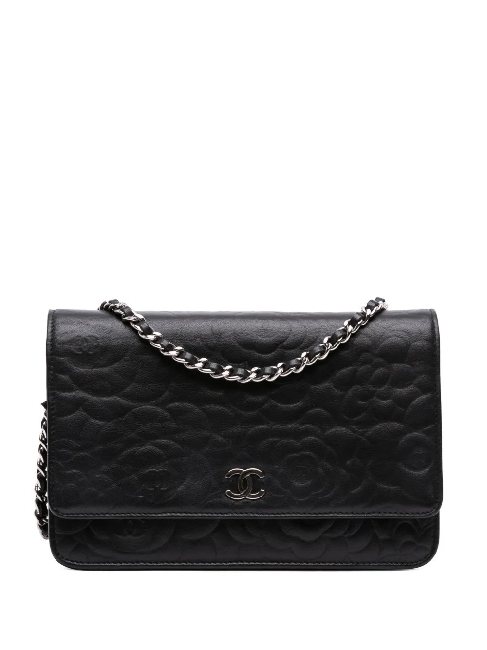 CHANEL Pre-Owned 2012-2013 Camellia Embossed Lambskin Wallet On Chain crossbody bag - Black | Farfetch Global