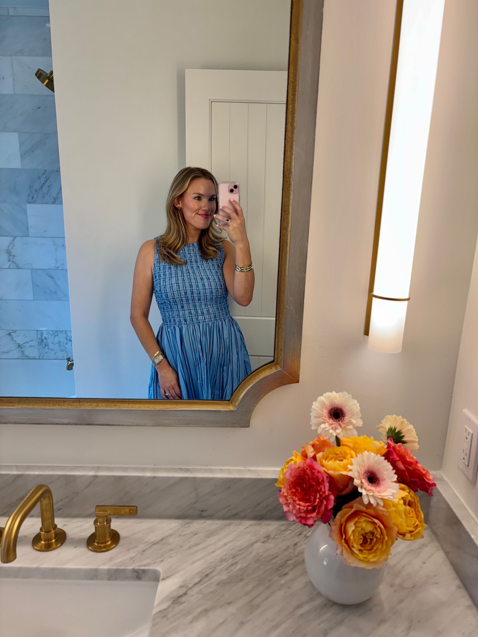 dress is on sale under $30 - size M in stock! layer with a navy sweater to wear into fall 

mirror in our guest bath is linked too 🪞

#LTKFindsUnder50 #LTKHome #LTKStyleTip