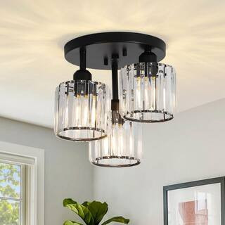 MODERN HABITAT 11 in. 3-Light Glass Shade Matte Black Modern Flush Mount Chandelier for Kitchen I... | The Home Depot