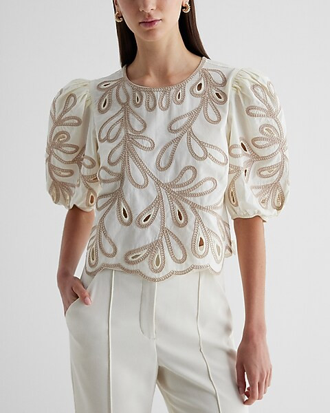 Eyelet Crew Neck Puff Sleeve Top | Express