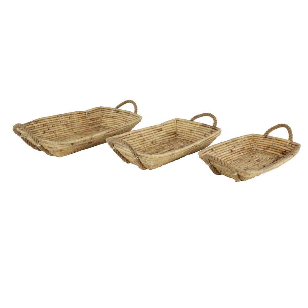 LITTON LANE Soft Gray Water Hyacinth, Seagrass, and Rope Decorative Wicker Trays with Handles (Set o | The Home Depot