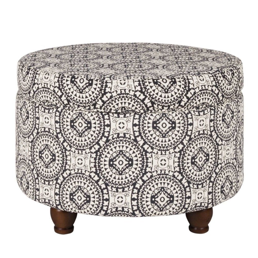 Medallion Pattern Fabric Upholstered Storage Ottoman with Wooden Bun Feet Cream/Black - Benzara | Target