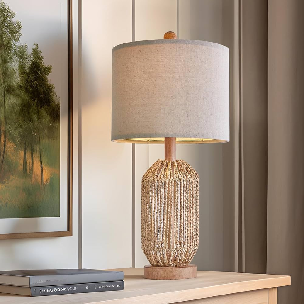 OYEARS 21" Boho Table Lamp for Living Room, Bedside Lamp for Nightstands, Rattan Lamp for Bedroom... | Amazon (US)