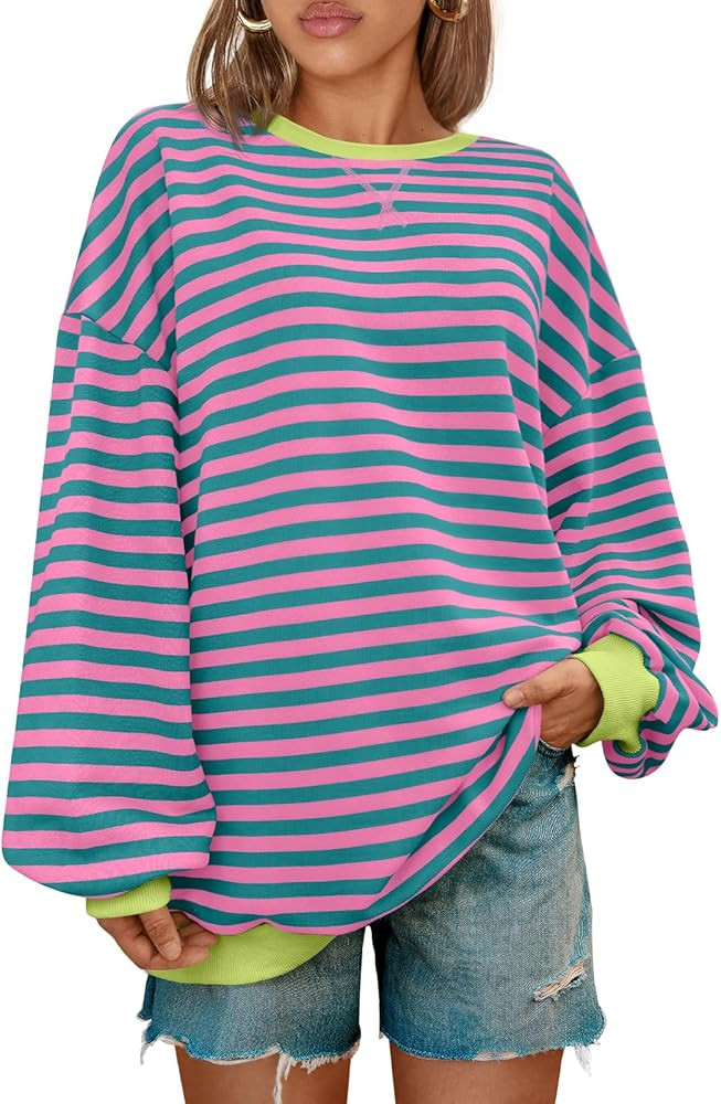 Kissfix Women's Striped Oversized Sweatshirt Long Sleeve Shirts for Women Crewneck Hoodies Casual... | Amazon (US)