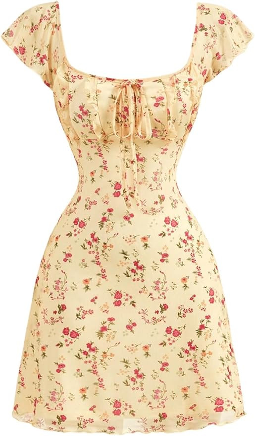 Floerns Women's Floral Print Cap Sleeve Dress Square Neck Tie Front Summer A Line Cute Mini Dress... | Amazon (US)