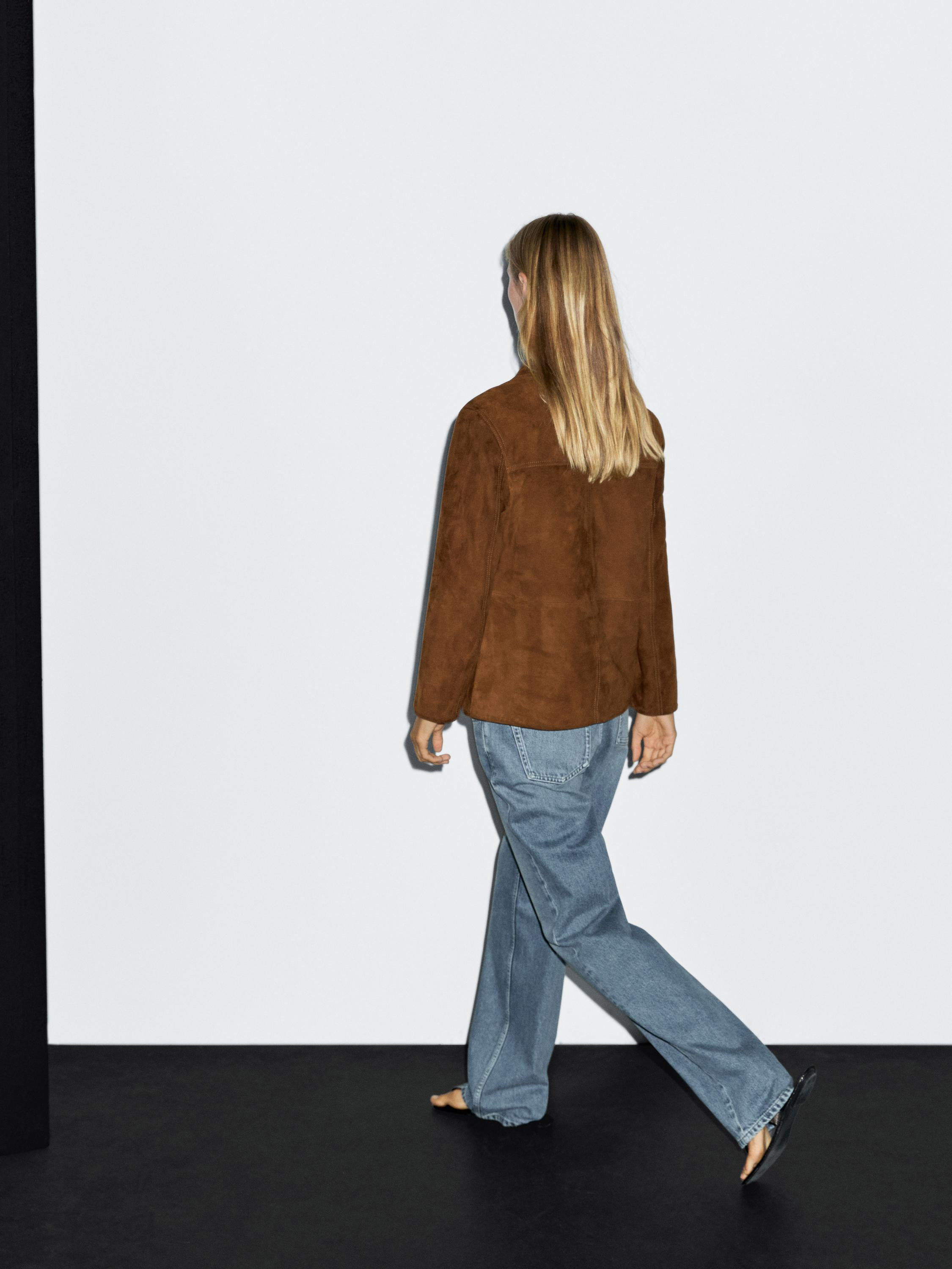 Suede leather blazer with topstitching | Massimo Dutti UK