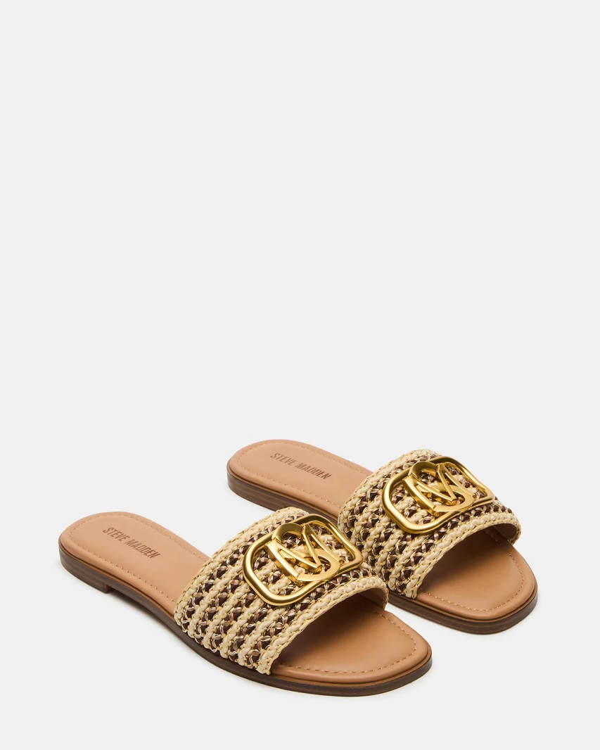 KORA Brown Raffia Gold Detail Slide Women's Sandal | Steve Madden (US)