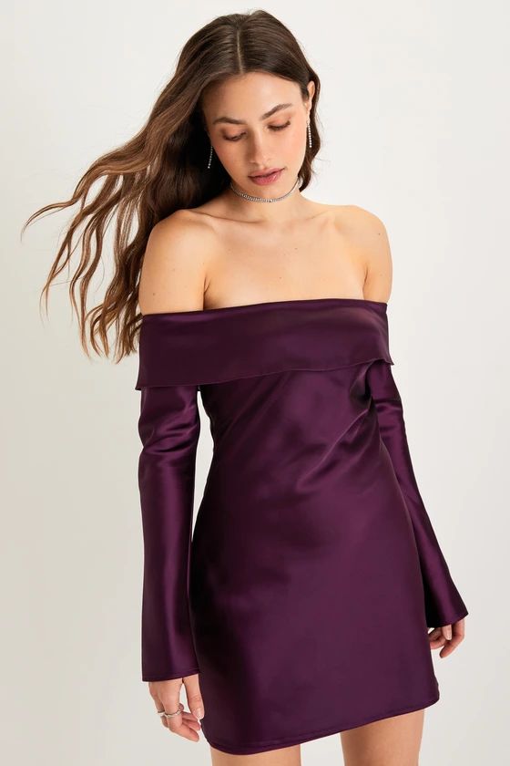 Luxurious Vision Plum Purple Satin Off-the-Shoulder Mini Dress | Lulus