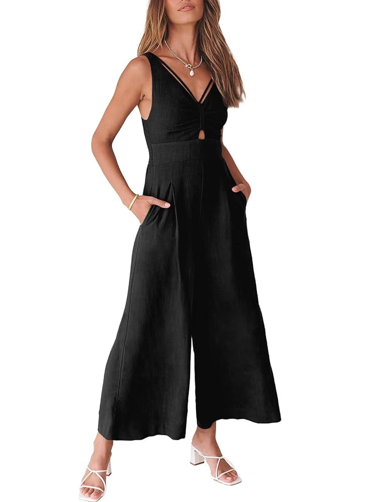 ANRABESS Women's Jumpsuits Summer Wide Leg Sleeveless V Neck Casual Dressy Linen Pants Rompers 20... | Amazon (US)