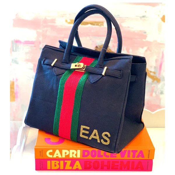 Natural or Black Handmade Beaded Red Green Stripe Canvas Bag | James Ascher