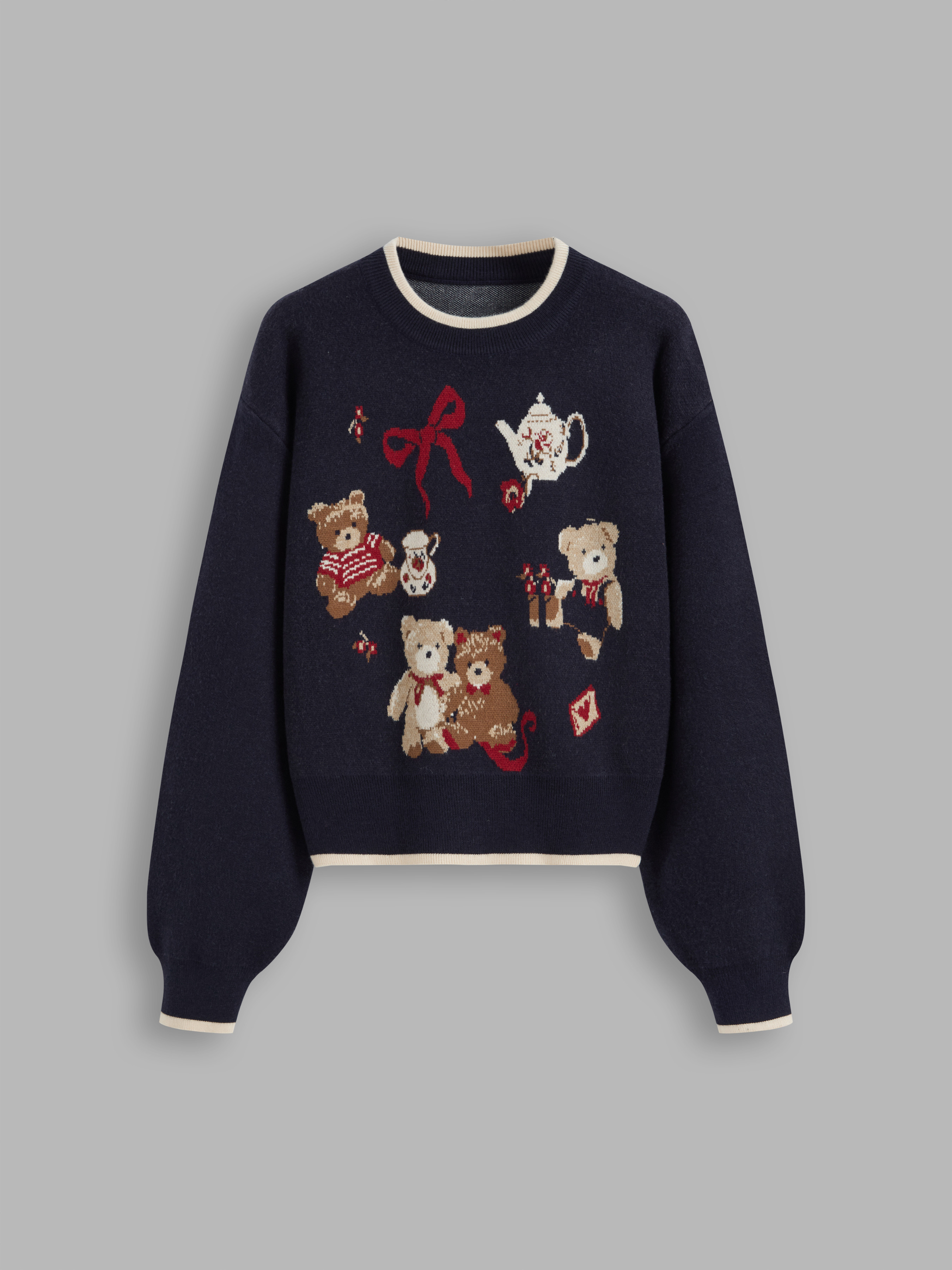 Knit Fabric Knit Round Neckline Bear Bowknot Contrasting Binding Long Sleeve Top For School | Cider