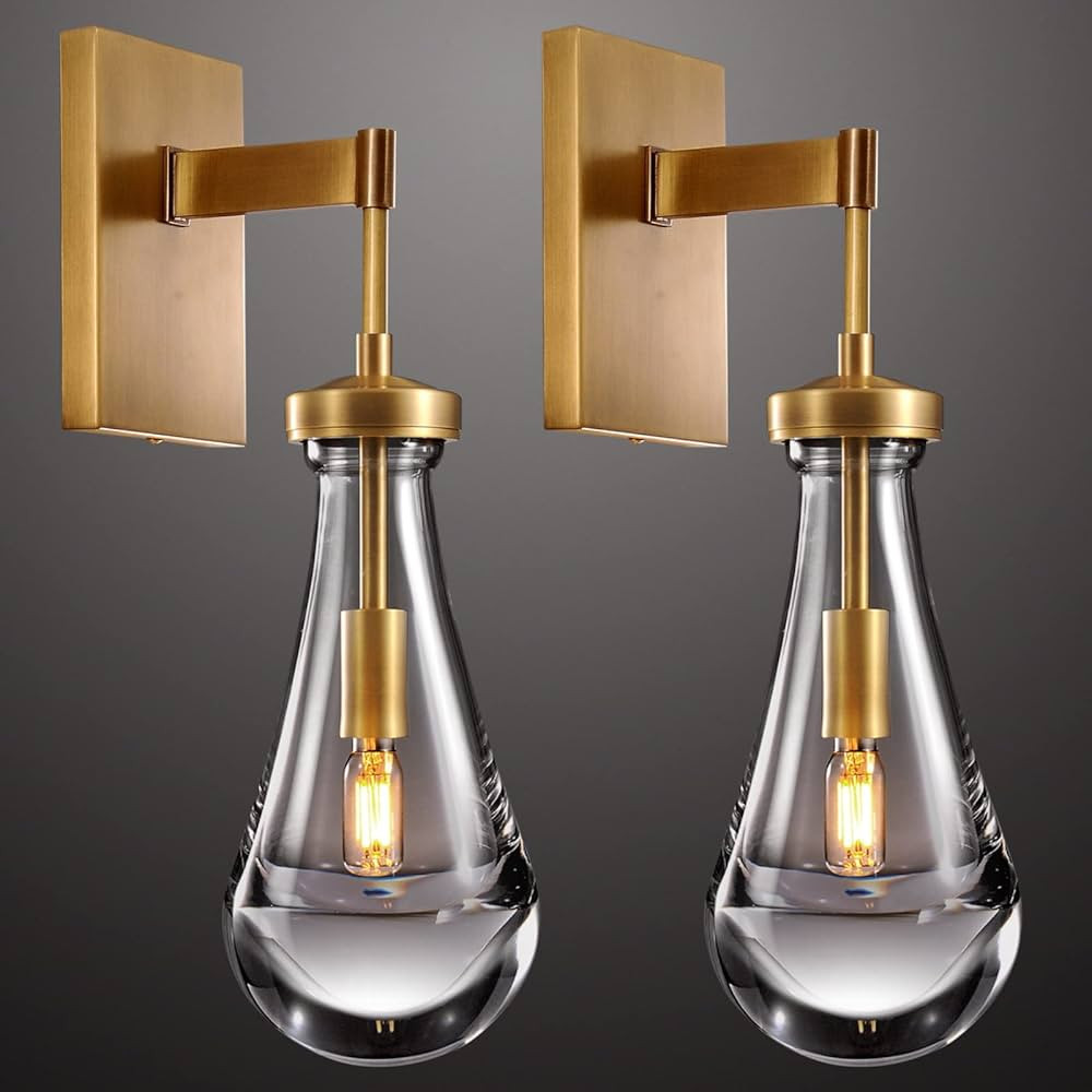 Brass Wall Sconces Set of Two, Raindrop Gold Sconces Wall Lamp, Stairway Wall Light With Luxury C... | Amazon (US)