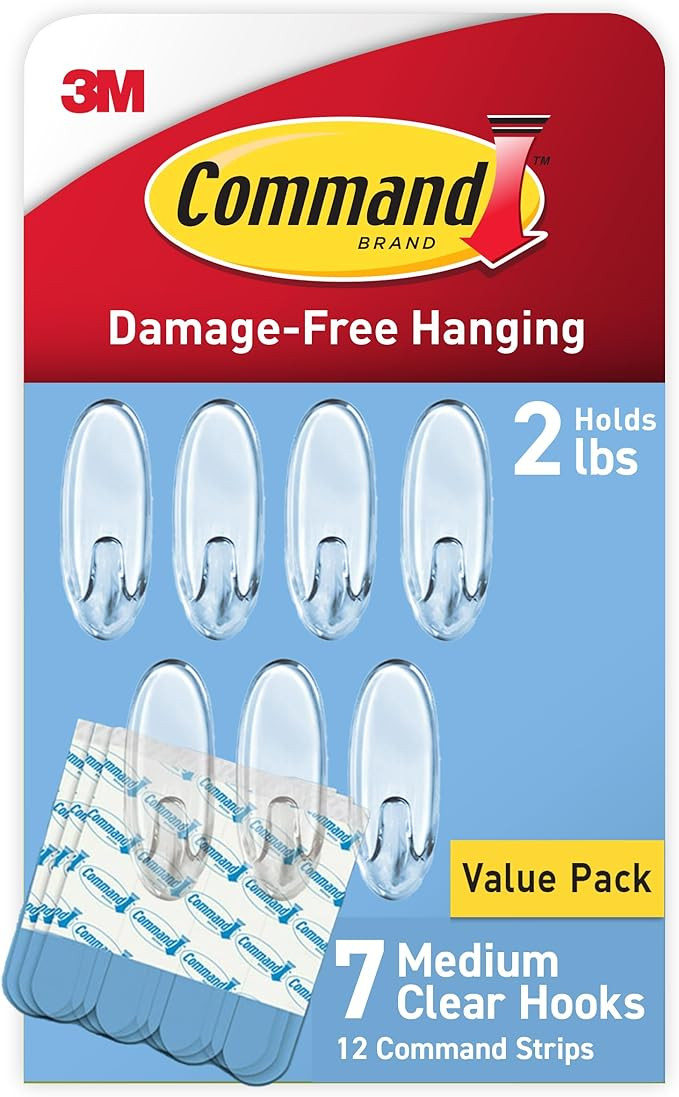 Command Medium Clear Wall Hooks, 7 Hooks and 12 Command Strips, Damage Free Hanging Wall Hooks wi... | Amazon (US)