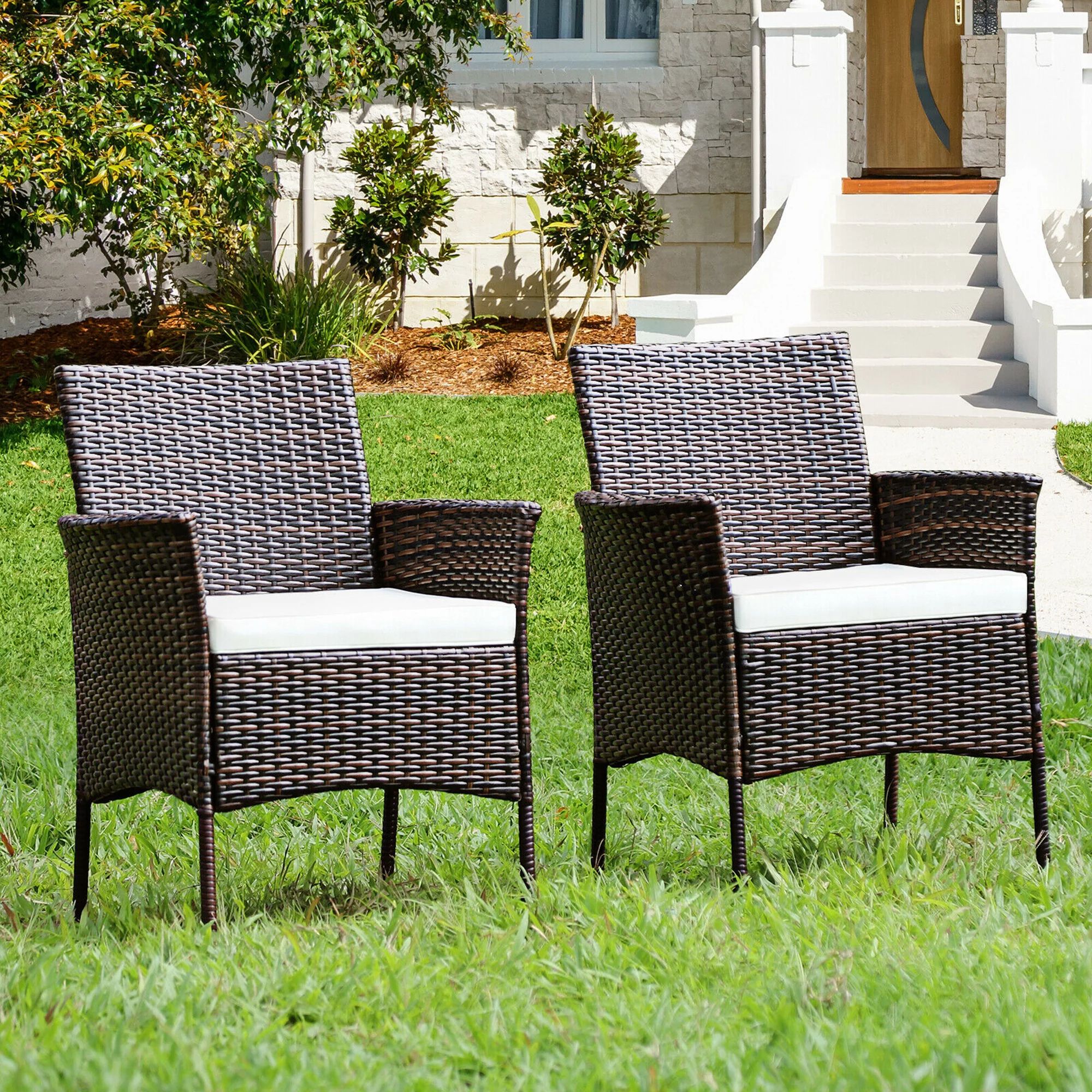 Gymax Patio 2PCS Rattan Arm Dining Chair Cushioned Sofa Furniture Brown | Walmart (US)